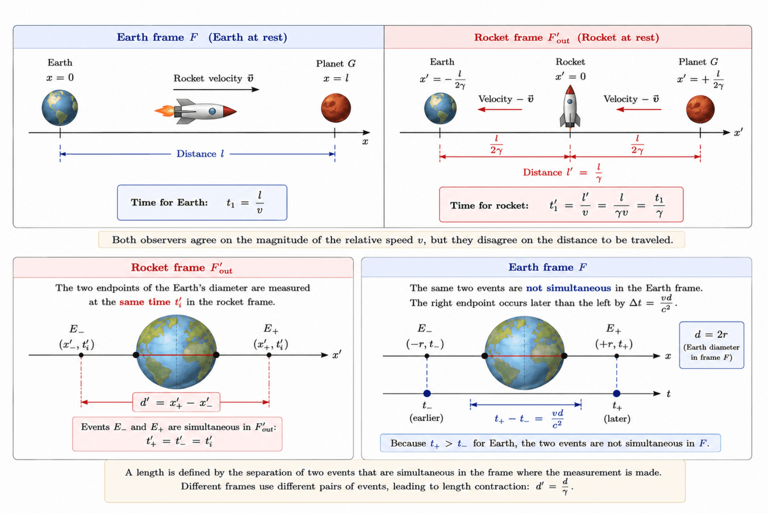 Outbound trip: Earth frame Fversus the outbound rocket frame F'_{\mathrm{out}}.